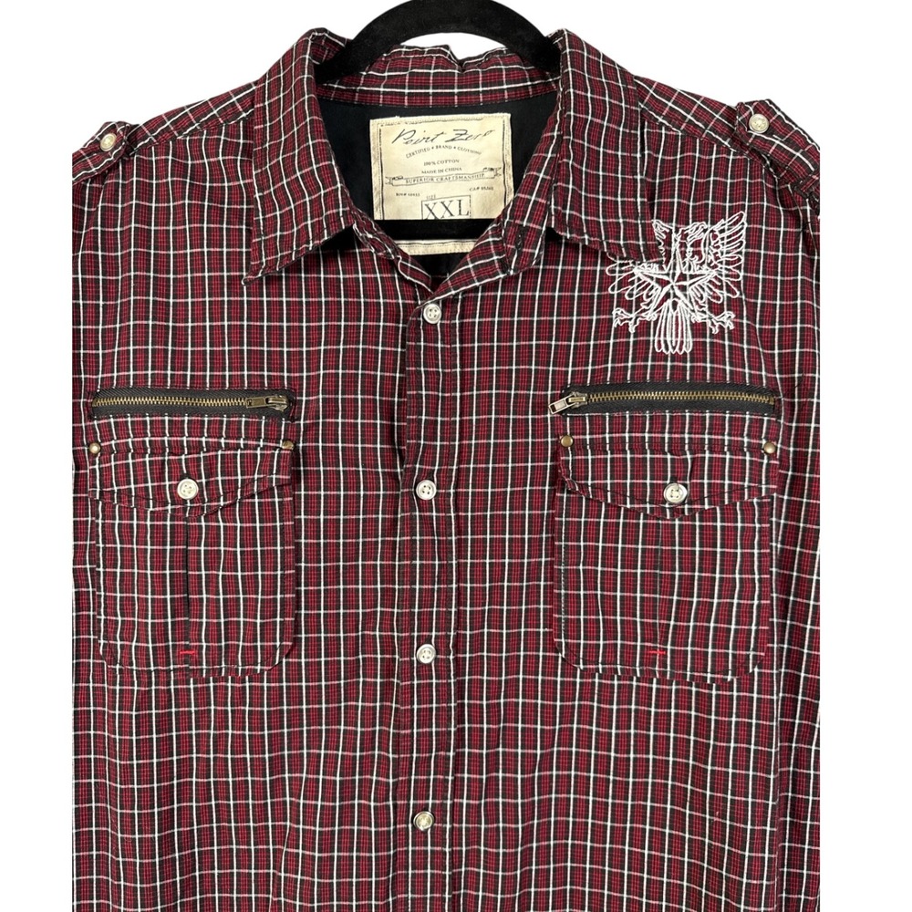 Point Zero XXL Plaid Shirt Burgundy Embroidered Eagle Long Sleeve Stretch Y2K
